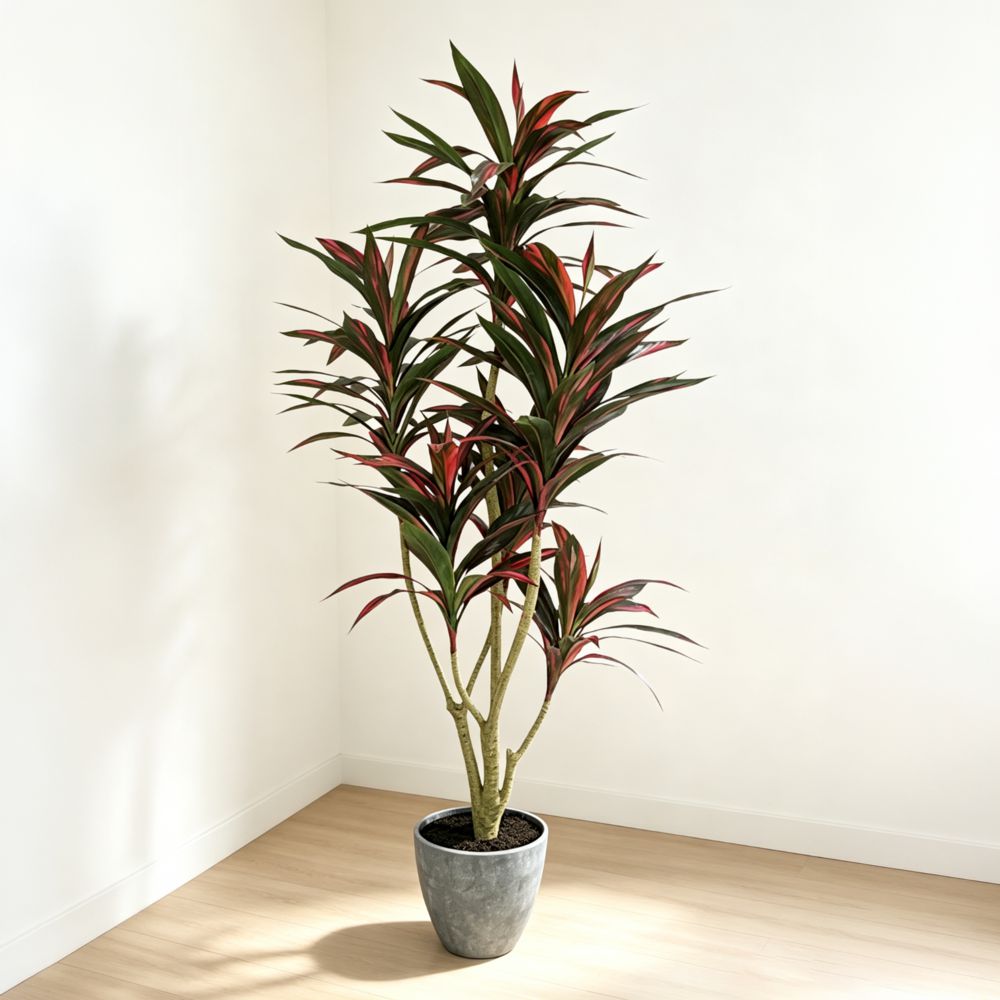 124cm 仿真巴西鐵樹中大型綠植盆栽 (水泥紋膠盆)|北歐極簡風室內植物 Dracaena Fragrans|紅色