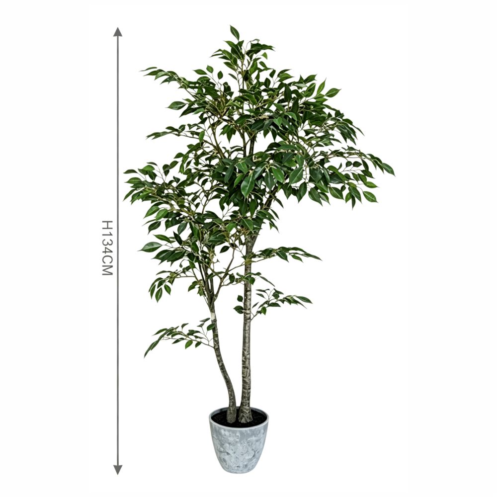 134cm 仿真雙杆榕樹中大型綠植盆栽 (水泥灰膠盆)|尺寸圖