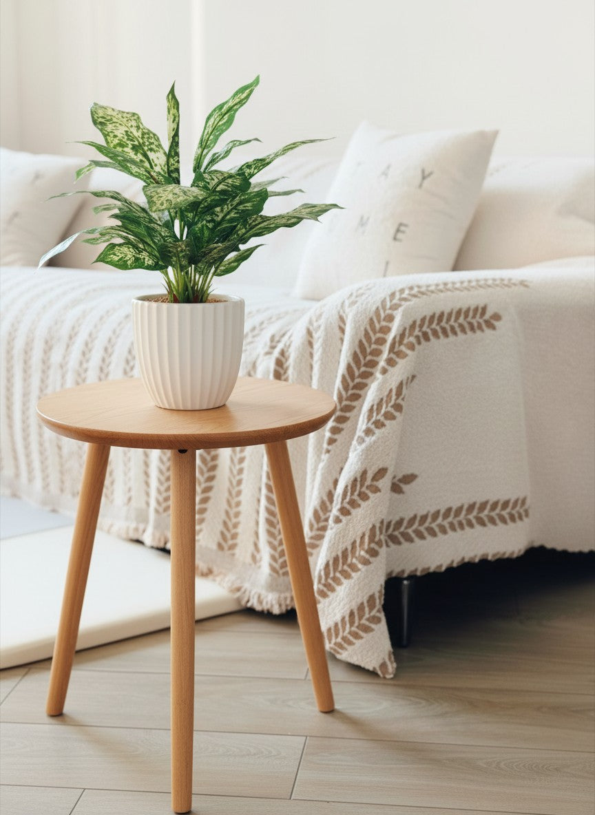 【香港現貨】仿真花葉萬年青盆栽 (43cm) | 條紋陶瓷盆 現代簡約裝飾 Dieffenbachia - Midoria