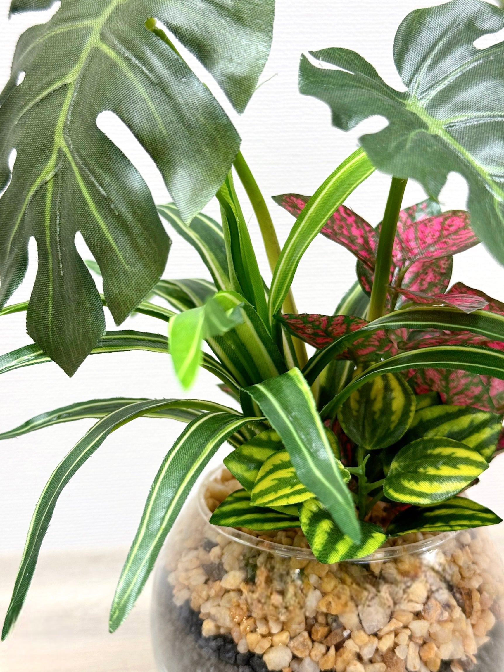 【香港現貨】仿真五彩芋玻璃盆栽 (23cm) | 北歐風人造植物 辦公室桌面裝飾 Caladium & Mini Leaf - Midoria