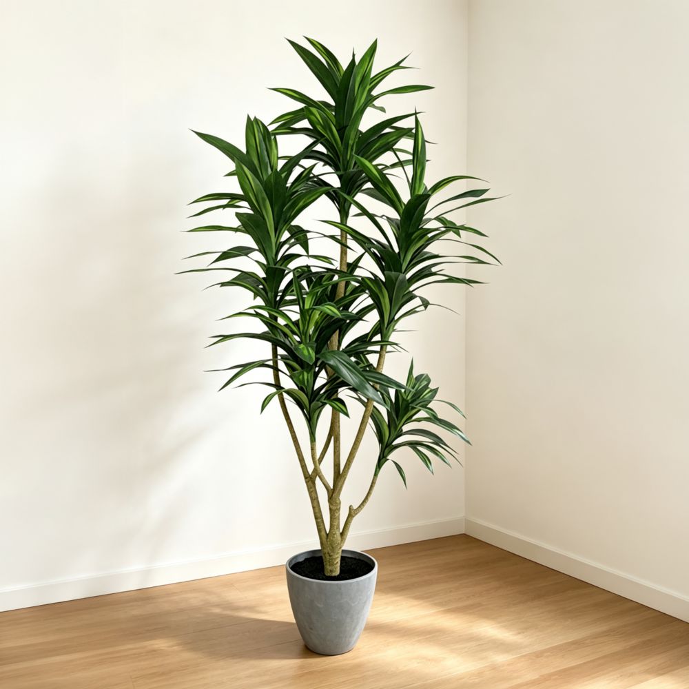 124cm 仿真巴西鐵樹中大型綠植盆栽 (水泥紋膠盆)｜北歐極簡風室內植物 Dracaena Fragrans｜綠色