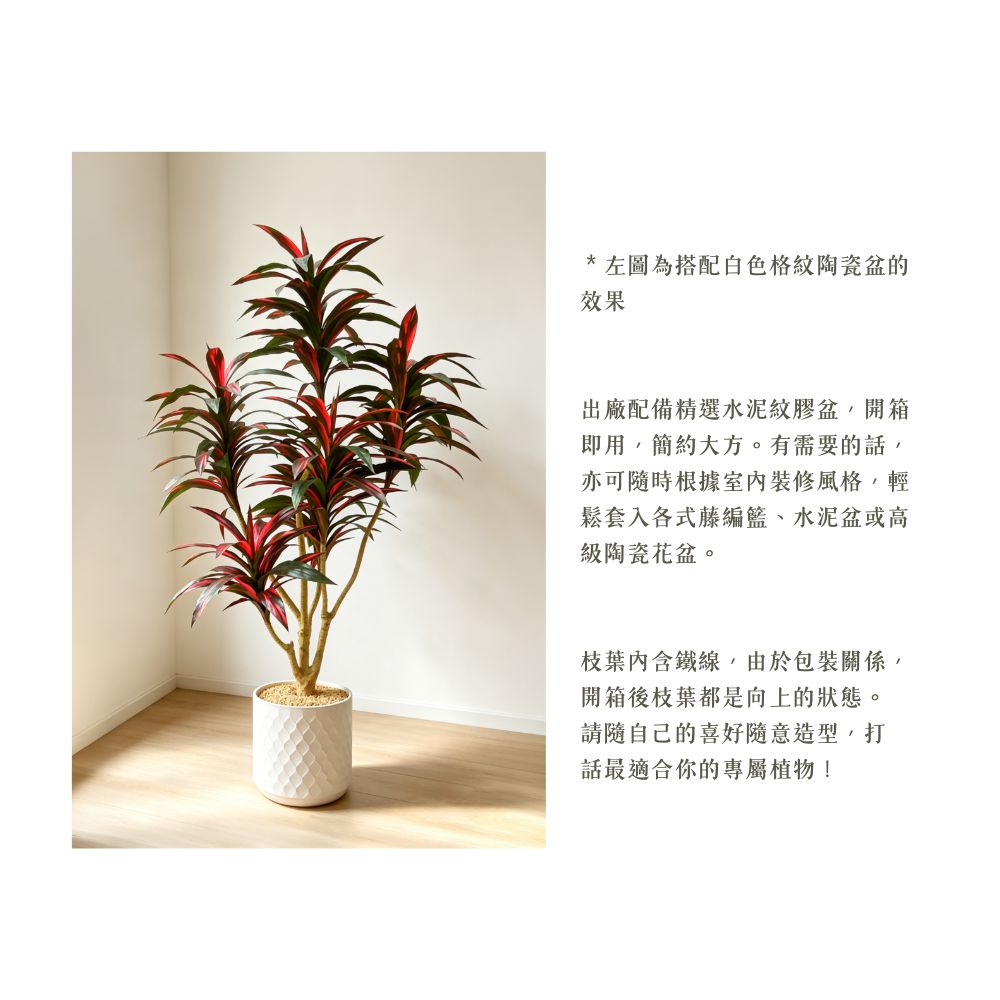 124cm 仿真巴西鐵樹中大型綠植盆栽 (水泥紋膠盆)｜紅色，造型效果