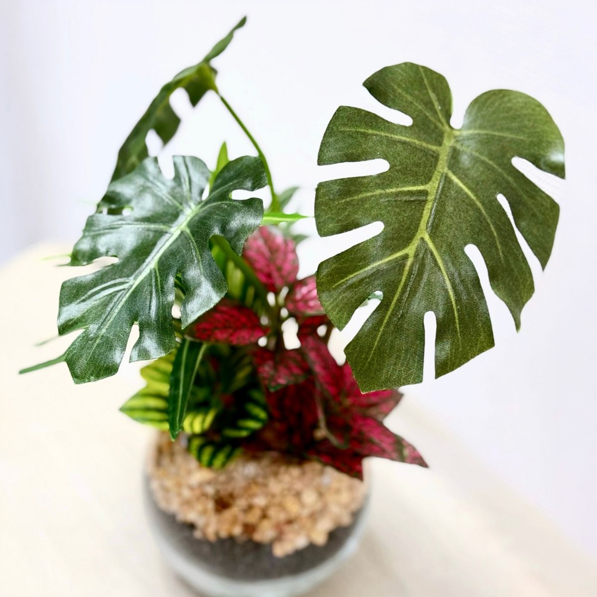 23cm 仿真五彩芋玻璃盆栽 | 龜背芋，葉片特寫