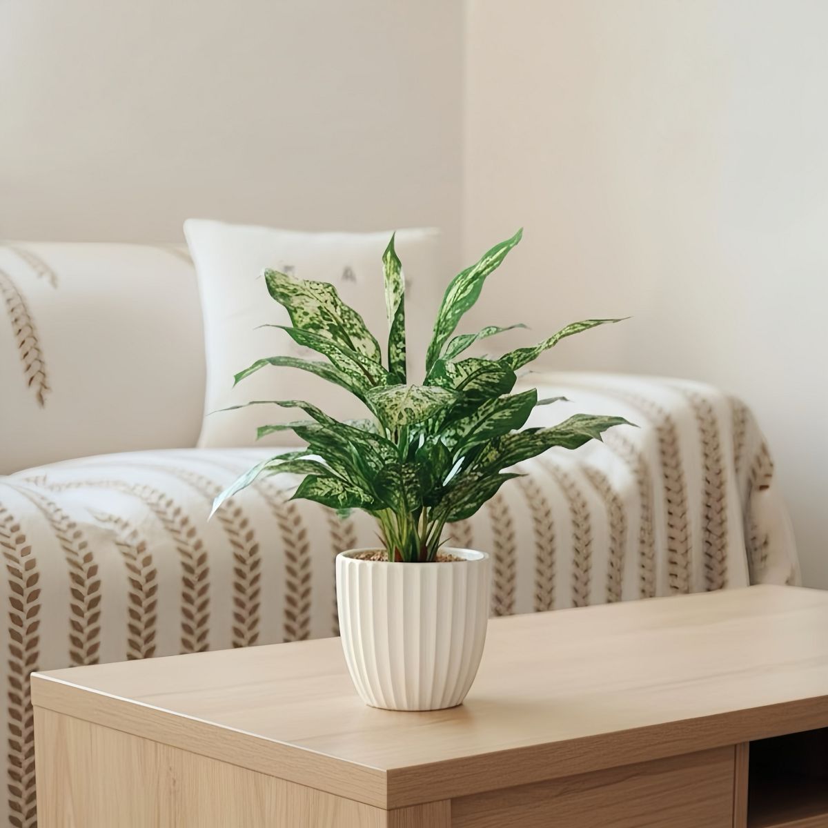 43cm 仿真花葉萬年青盆栽 | 條紋陶瓷盆 現代簡約裝飾 Dieffenbachia