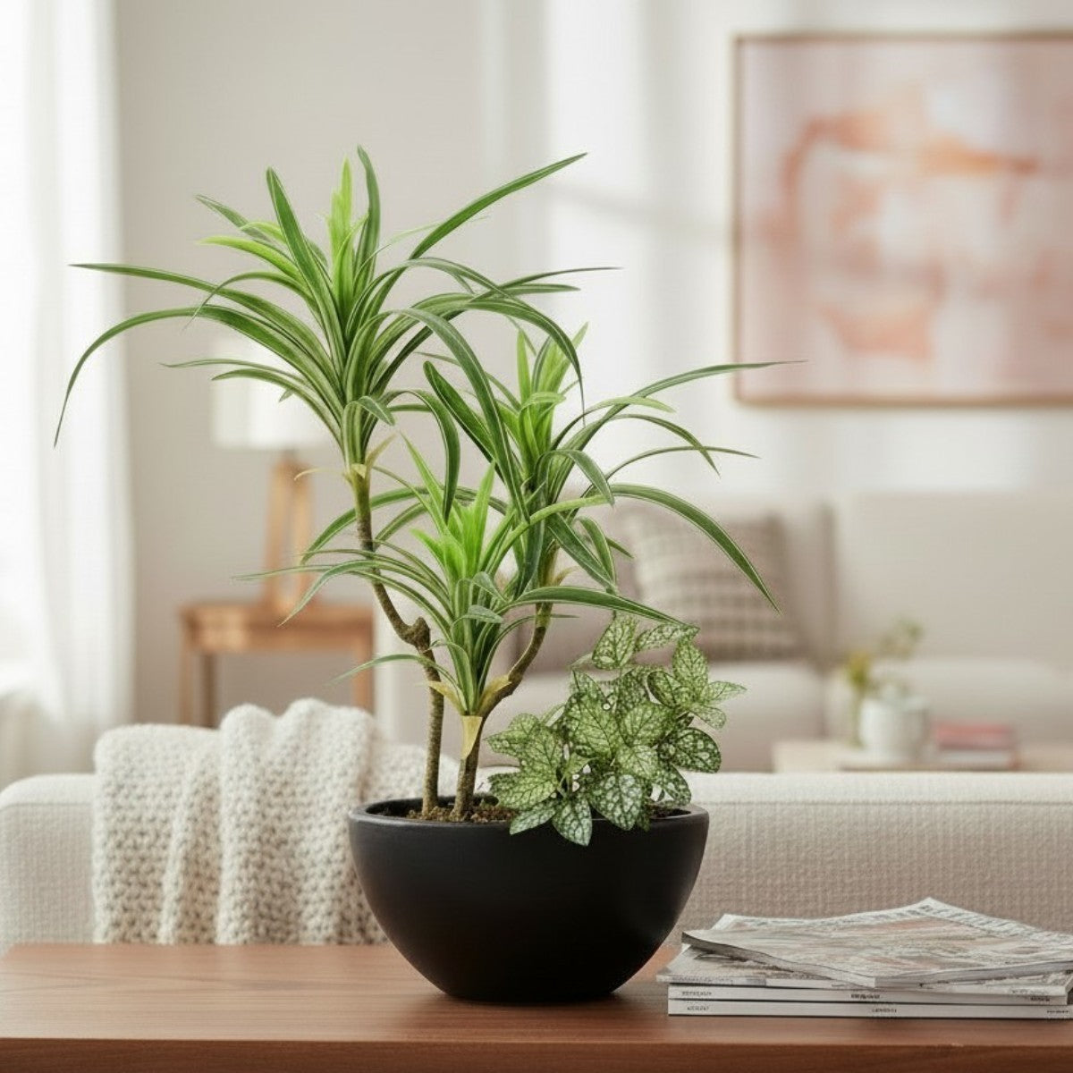 51cm 仿真龍血蘭搭配迷你葉 | 半月型陶瓷盆 現代禪意裝飾 Dracaena