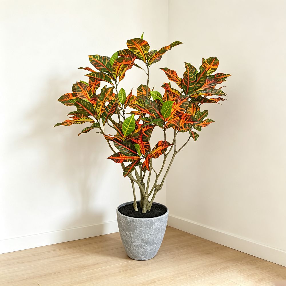 61cm 仿真變葉木彩葉木盆栽 (水泥紋膠盆)｜斑斕色彩熱帶室內綠植 Croton with Concrete-Texture Plastic Pot