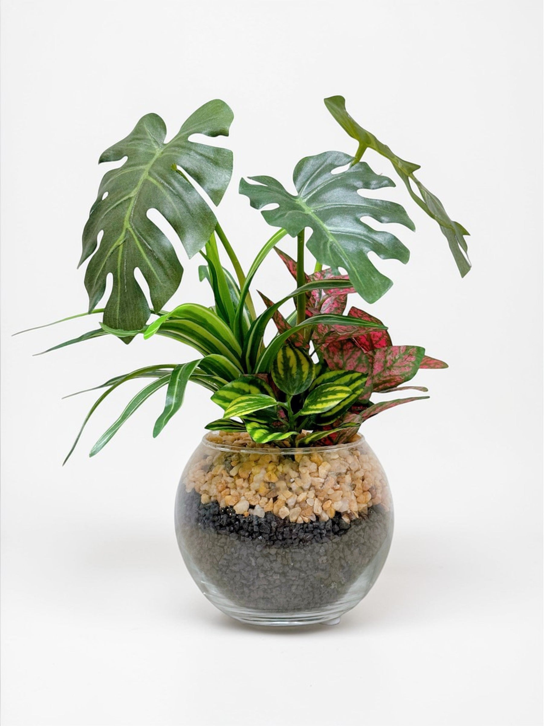 【香港現貨】仿真五彩芋玻璃盆栽 (23cm) | 北歐風人造植物 辦公室桌面裝飾 Caladium & Mini Leaf - Midoria